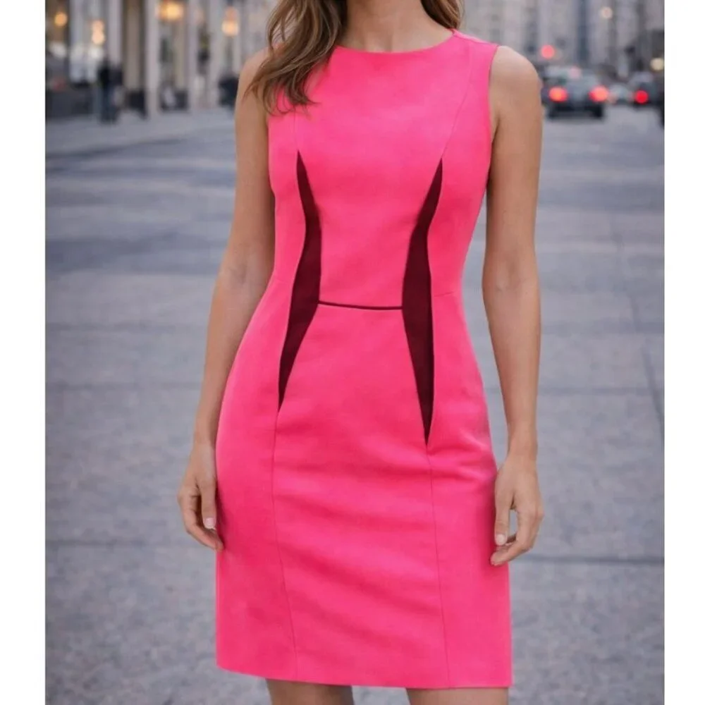Cedric Charlier Ruffle Detail Pink Black Dress Size 10 Sleeveless Cocktail
